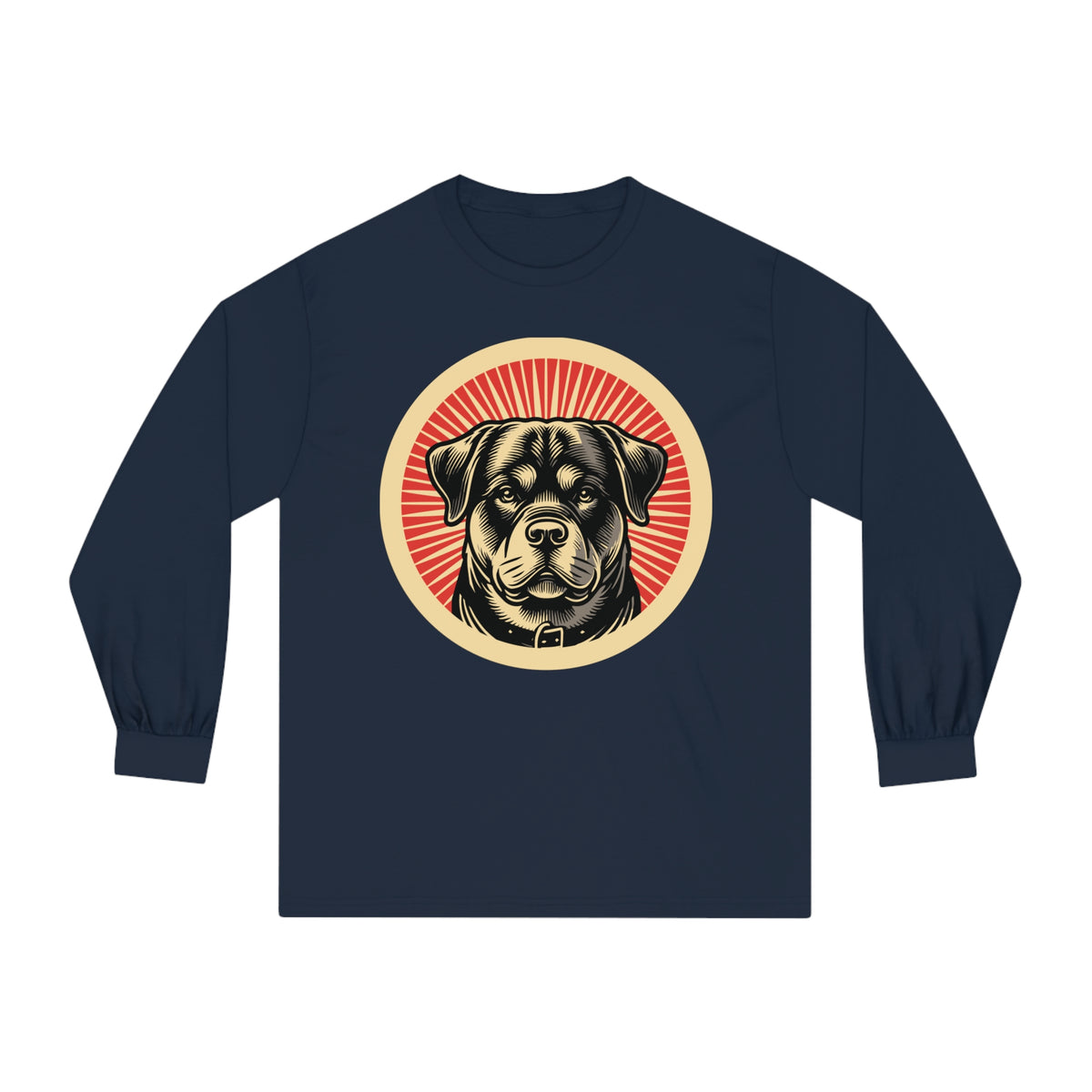 Rottweiler badge art in a ring of red rays on a long-sleeve tee