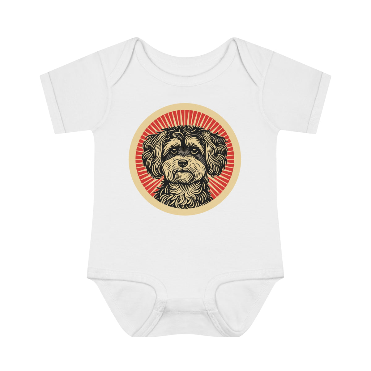 Maltipoo badge art in a ring of red rays on a baby bodysuit
