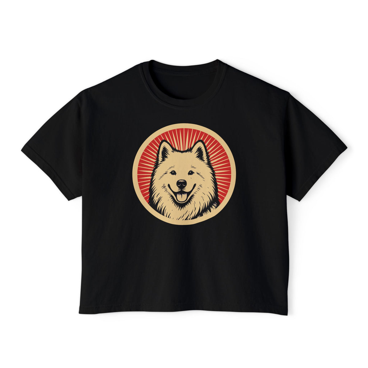Samoyed badge art in a ring of red rays on a boxy tee