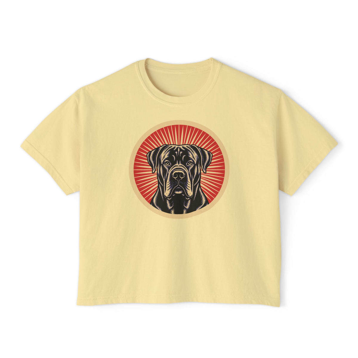 Cane Corso badge art in a ring of red rays on a boxy tee