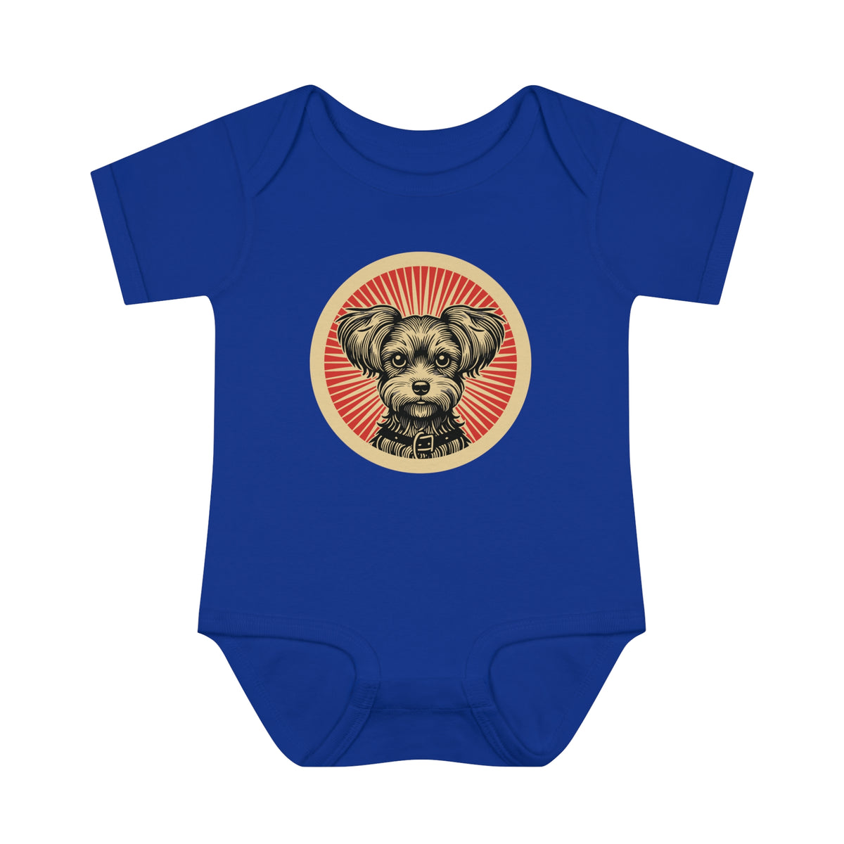Yorkipoo badge art in a ring of red rays on a baby bodysuit