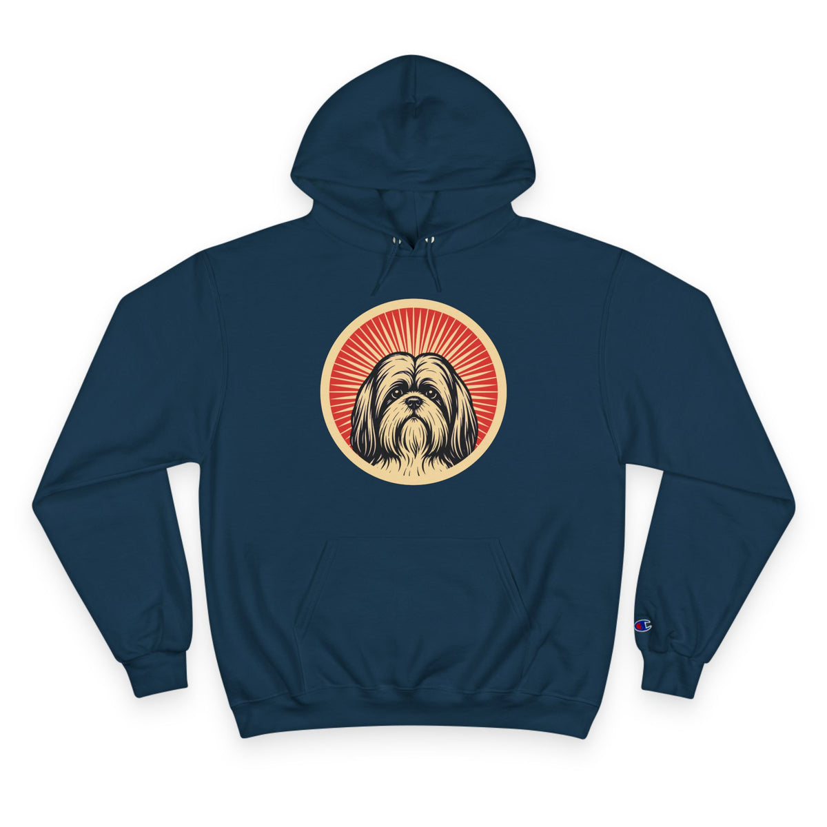 Lhasa Apso badge art in a ring of red rays on a champion hoodie