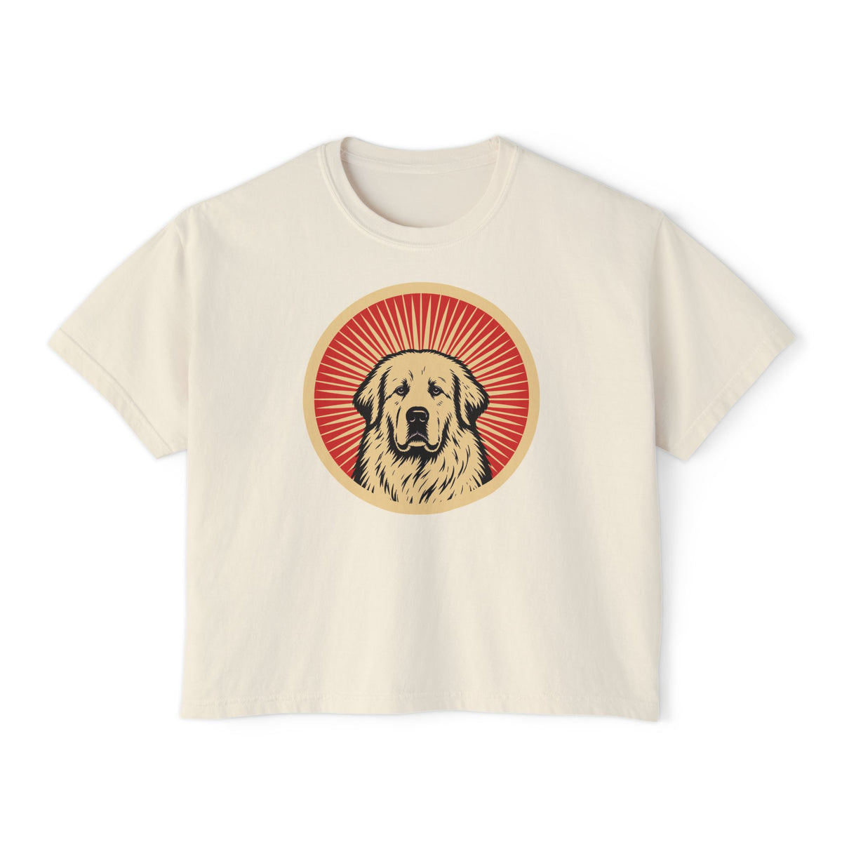 Great Pyrenees badge art in a ring of red rays on a boxy tee