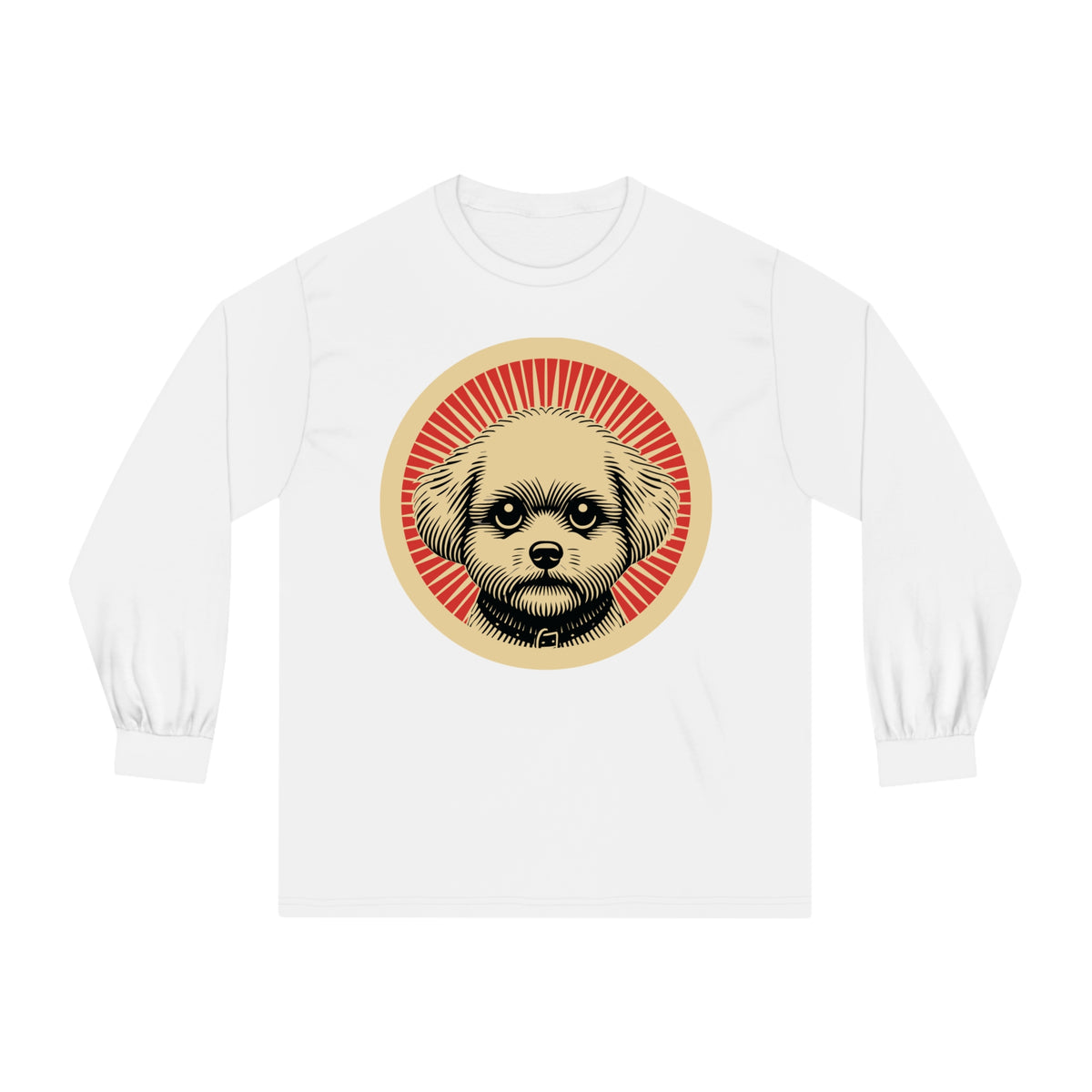 Bichon Frise badge art in a ring of red rays on a long-sleeve tee