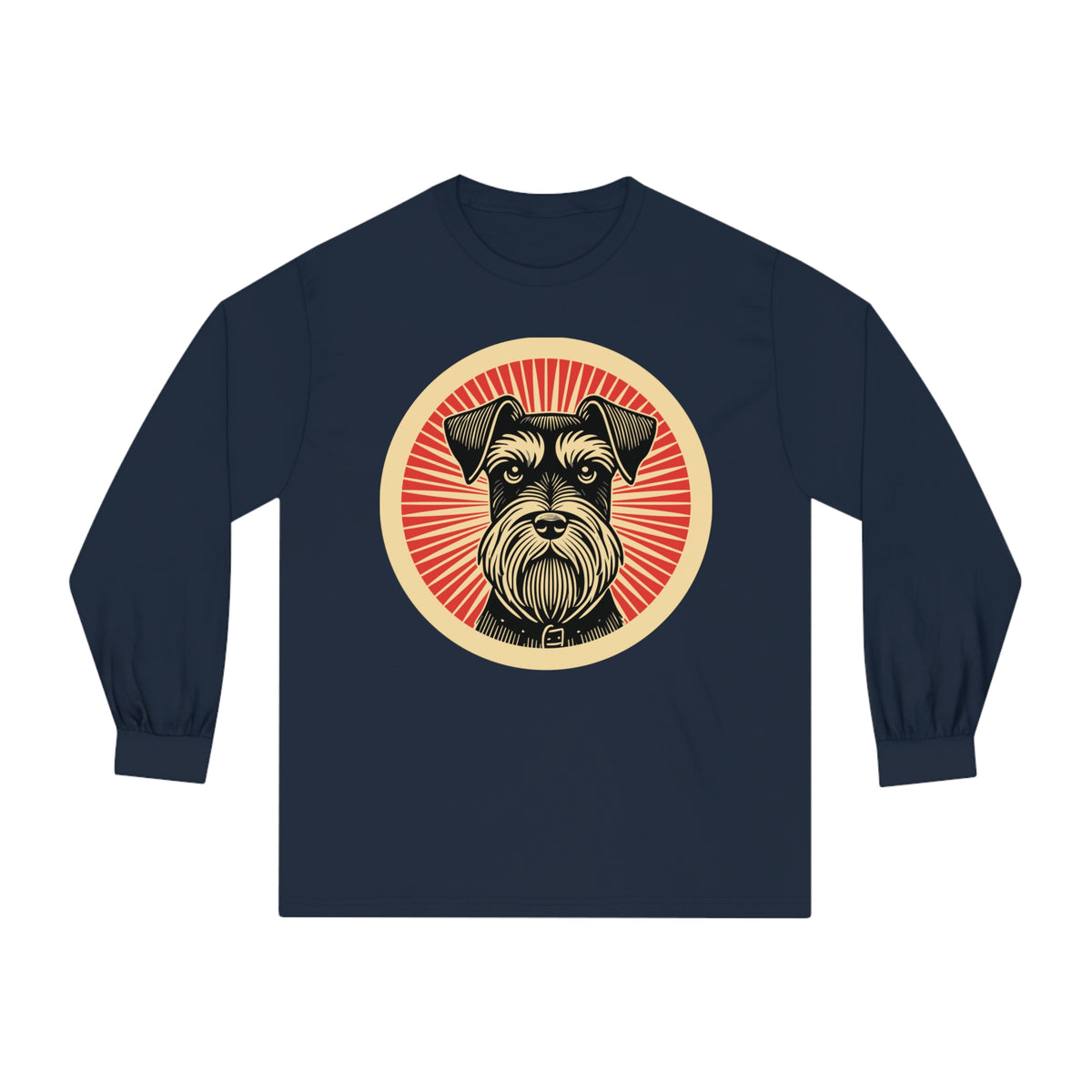 Miniature Schnauzer badge art in a ring of red rays on a long-sleeve tee