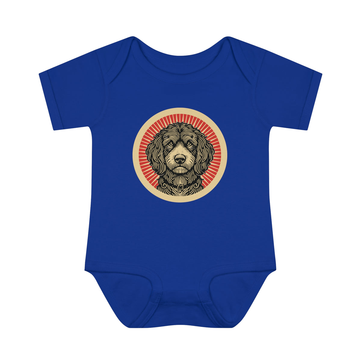 Aussiedoodle badge art in a ring of red rays on a baby bodysuit