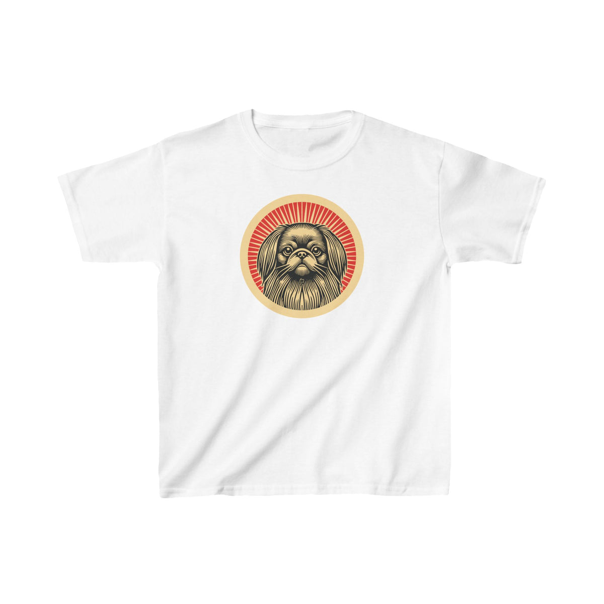 Pekingese badge art in a ring of red rays on a kids' tee