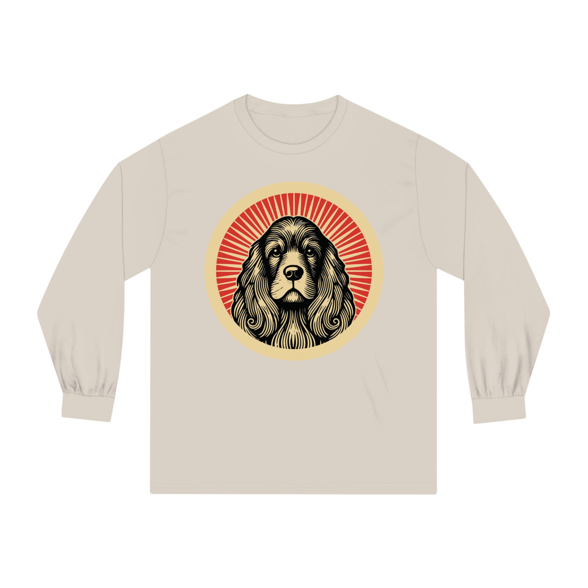 American Cocker Spaniel badge art in a ring of red rays on a long-sleeve tee