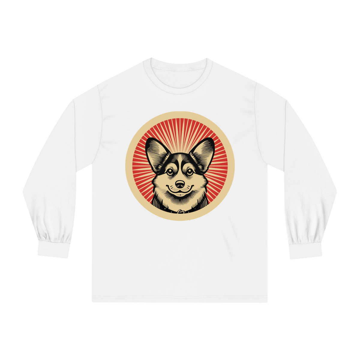 Pembroke Welsh Corgi badge art in a ring of red rays on a long-sleeve tee