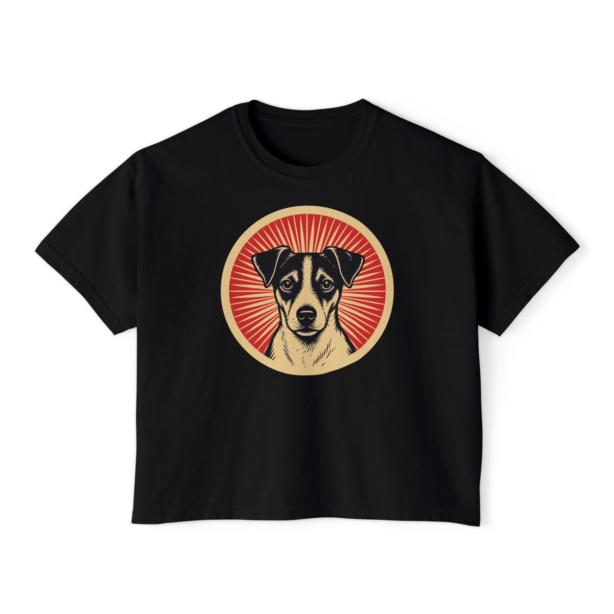 Jack Russell Terrier badge art in a ring of red rays on a boxy tee