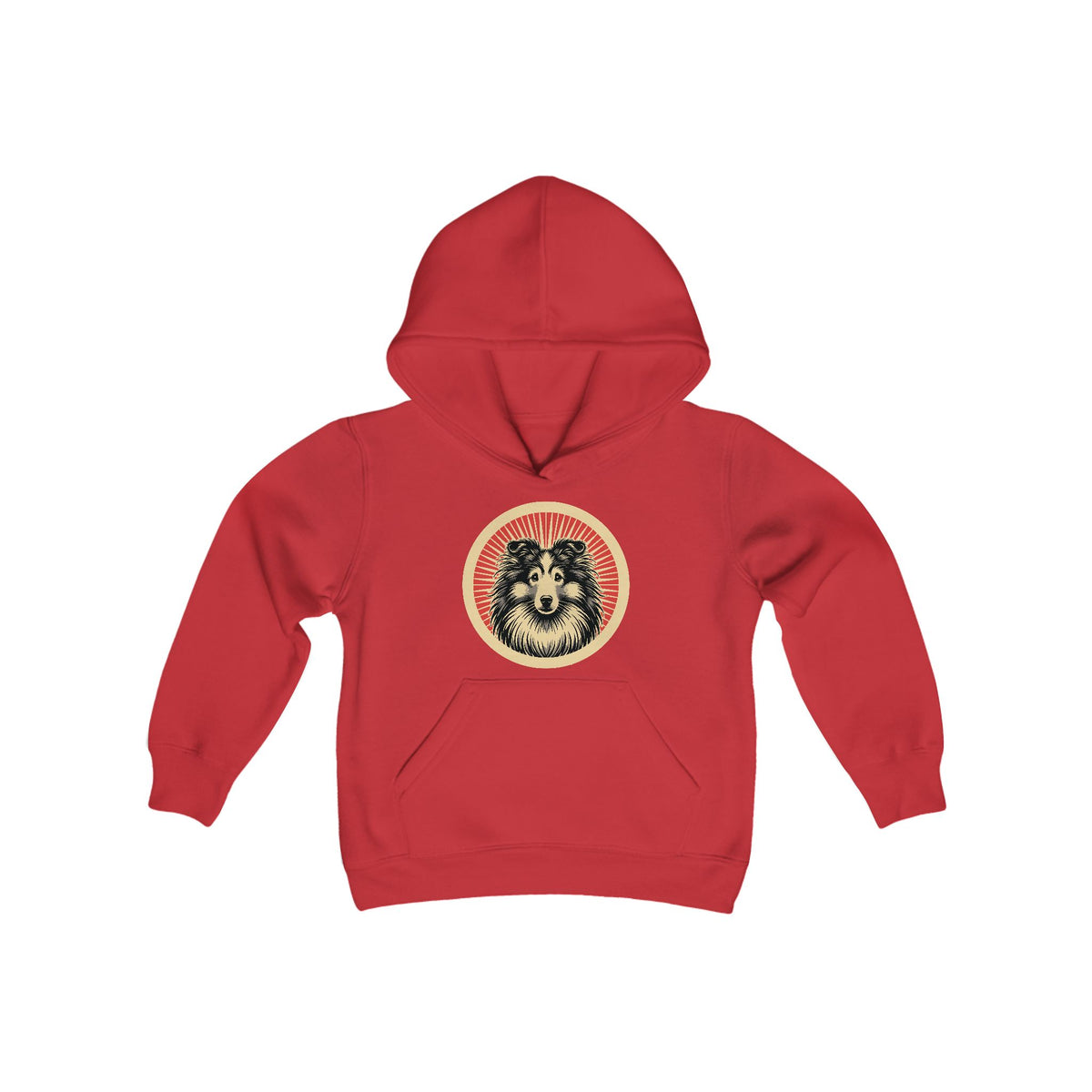Shetland Sheepdog badge art in a ring of red rays on a kids' hoodie