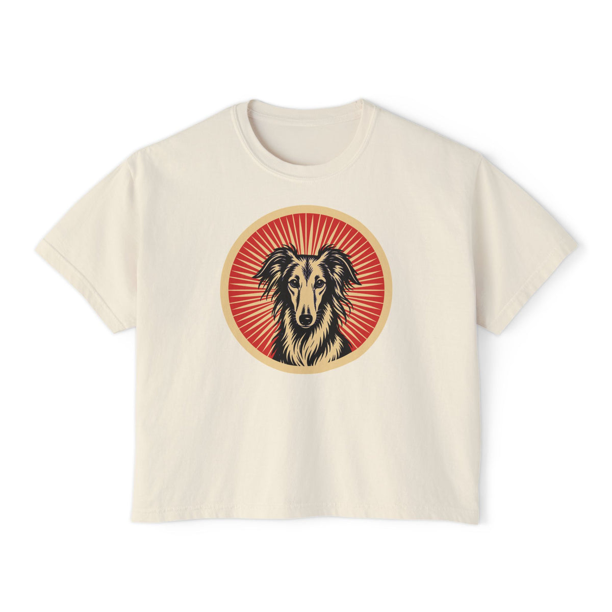 Silken Windhound badge art in a ring of red rays on a boxy tee