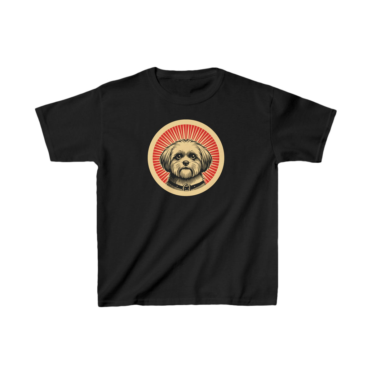 Shihpoo badge art in a ring of red rays on a kids' tee