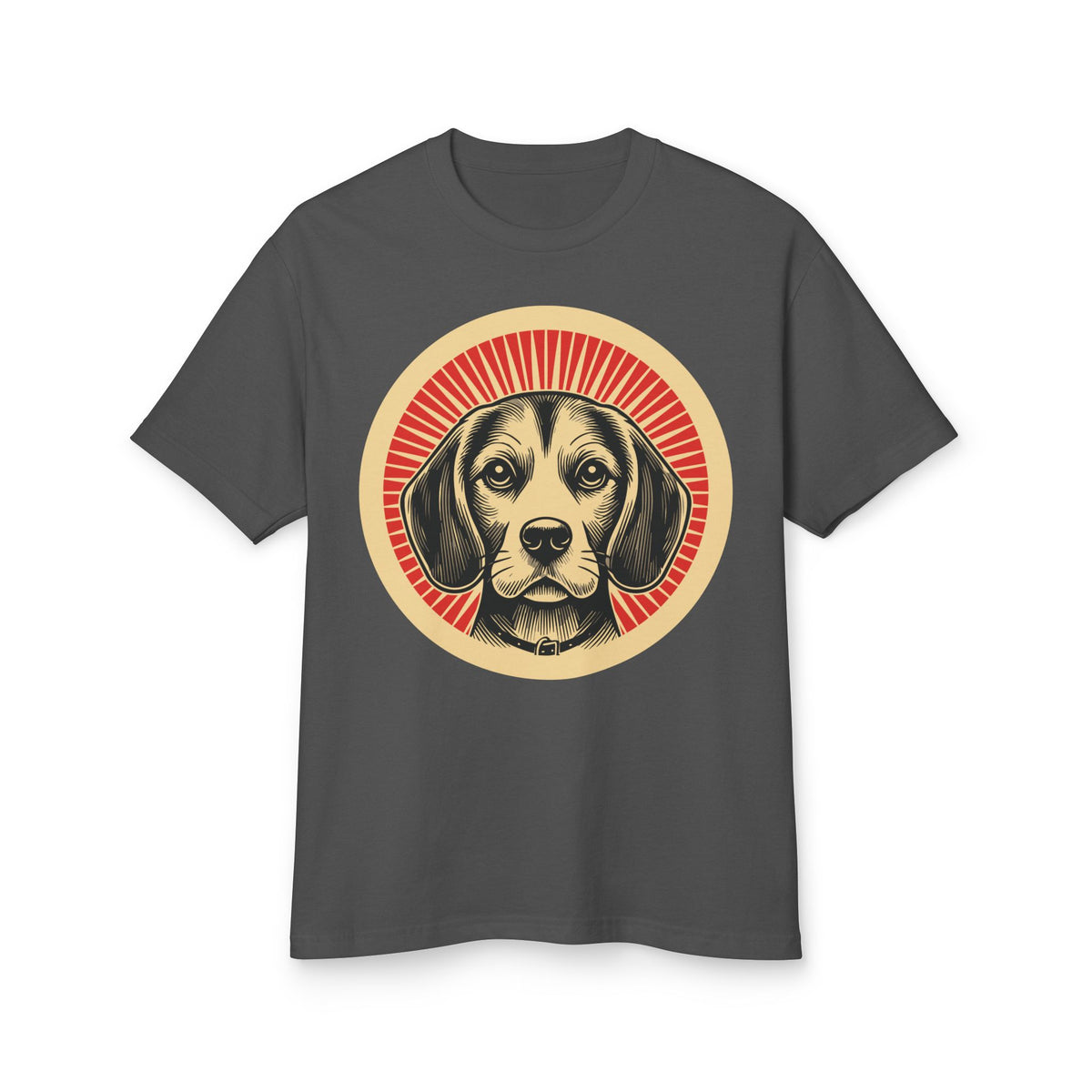 Beagle badge art in a ring of red rays on a heavyweight tee