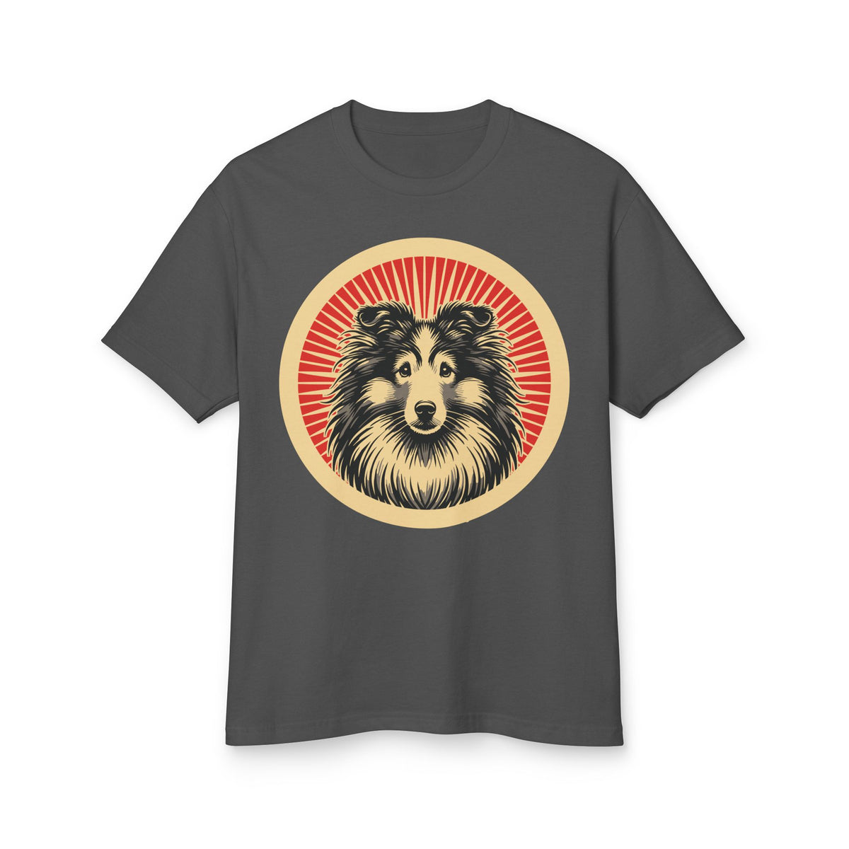 Shetland Sheepdog badge art in a ring of red rays on a heavyweight tee