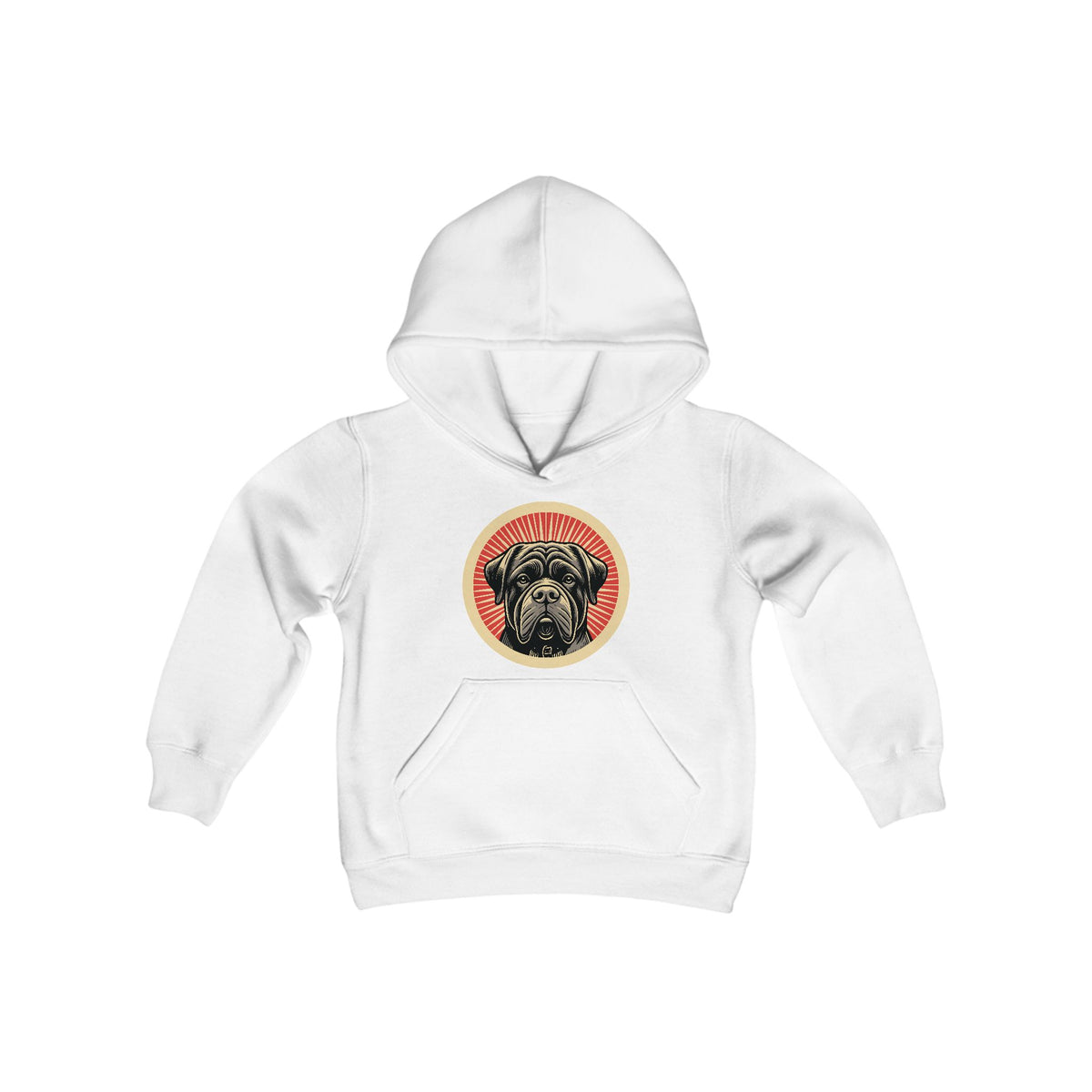 Bullmastiff badge art in a ring of red rays on a kids' hoodie