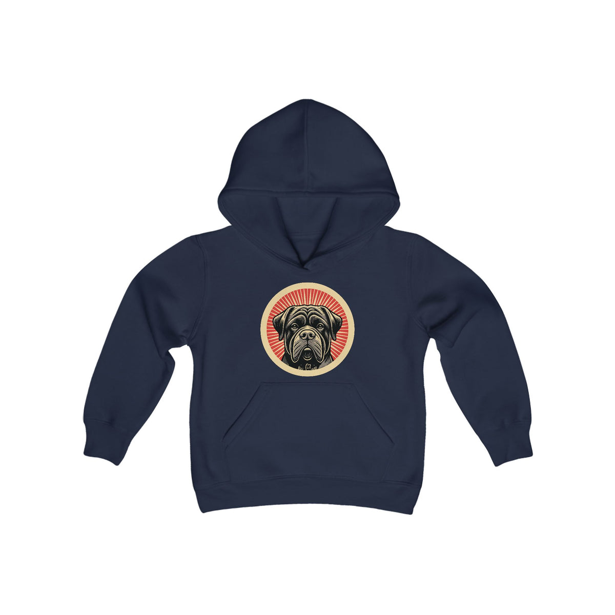 Bullmastiff badge art in a ring of red rays on a kids' hoodie