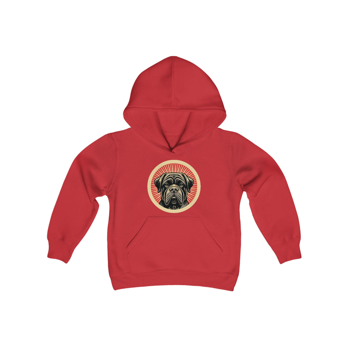 Bullmastiff badge art in a ring of red rays on a kids' hoodie