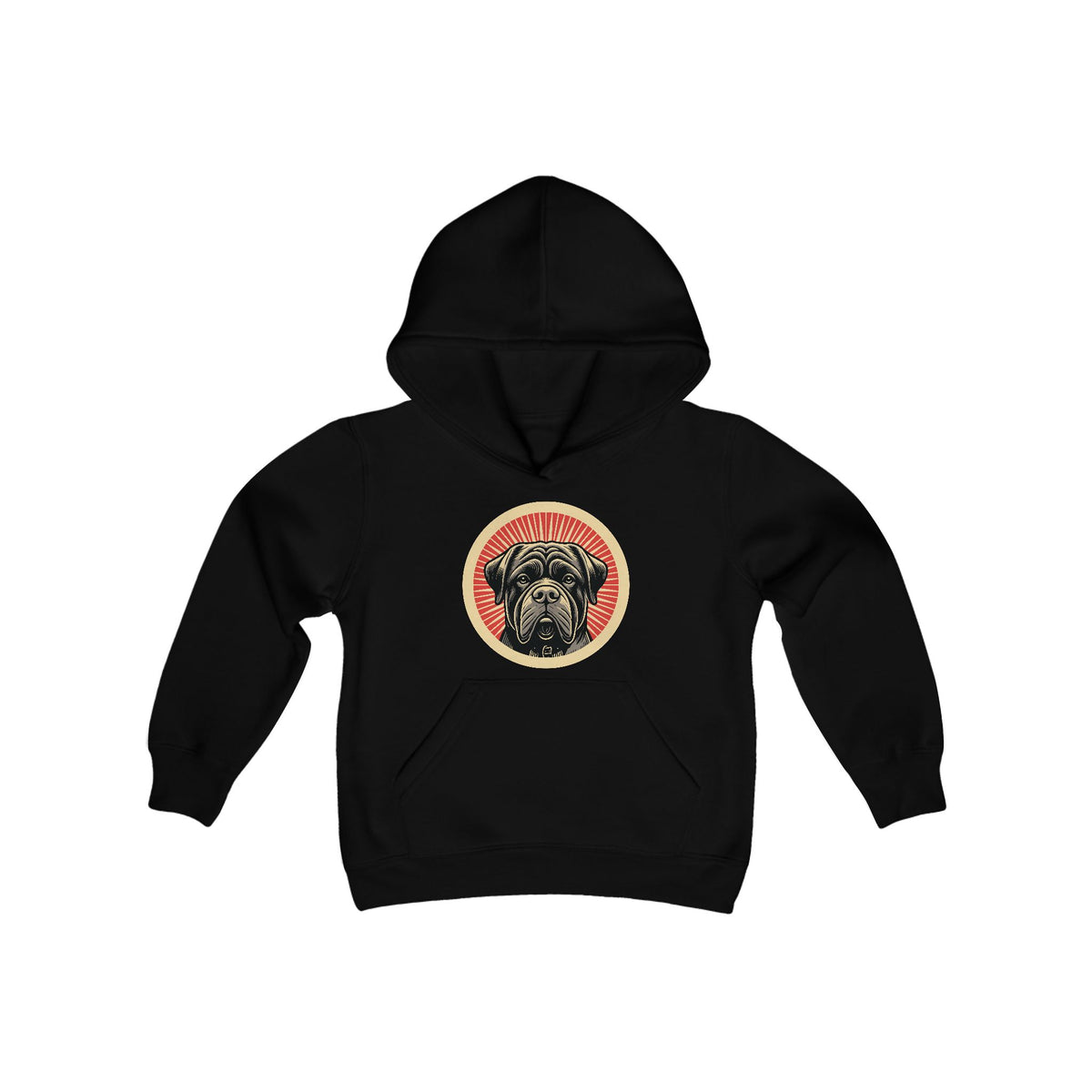 Bullmastiff badge art in a ring of red rays on a kids' hoodie