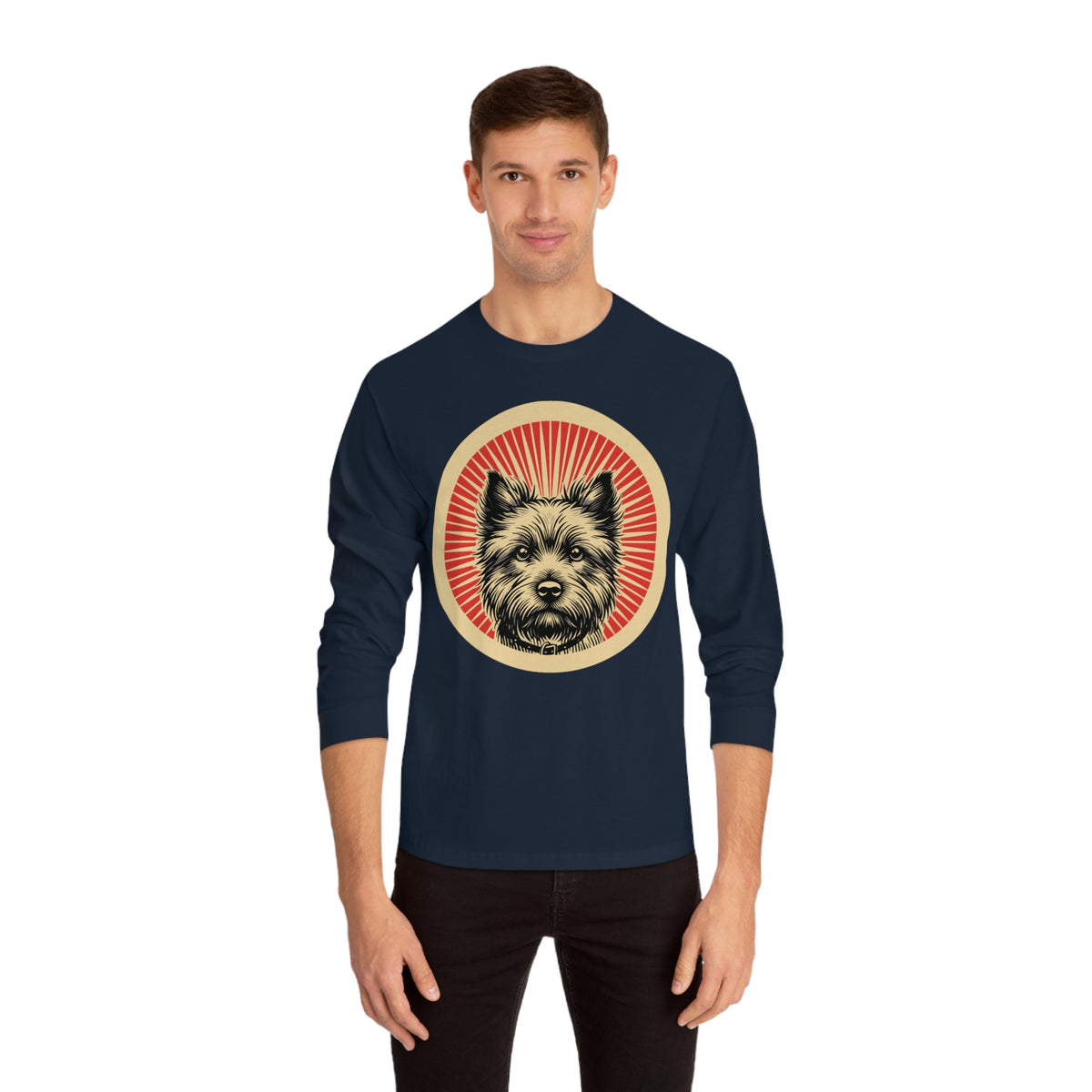 Cairn Terrier badge art in a ring of red rays on a long-sleeve tee
