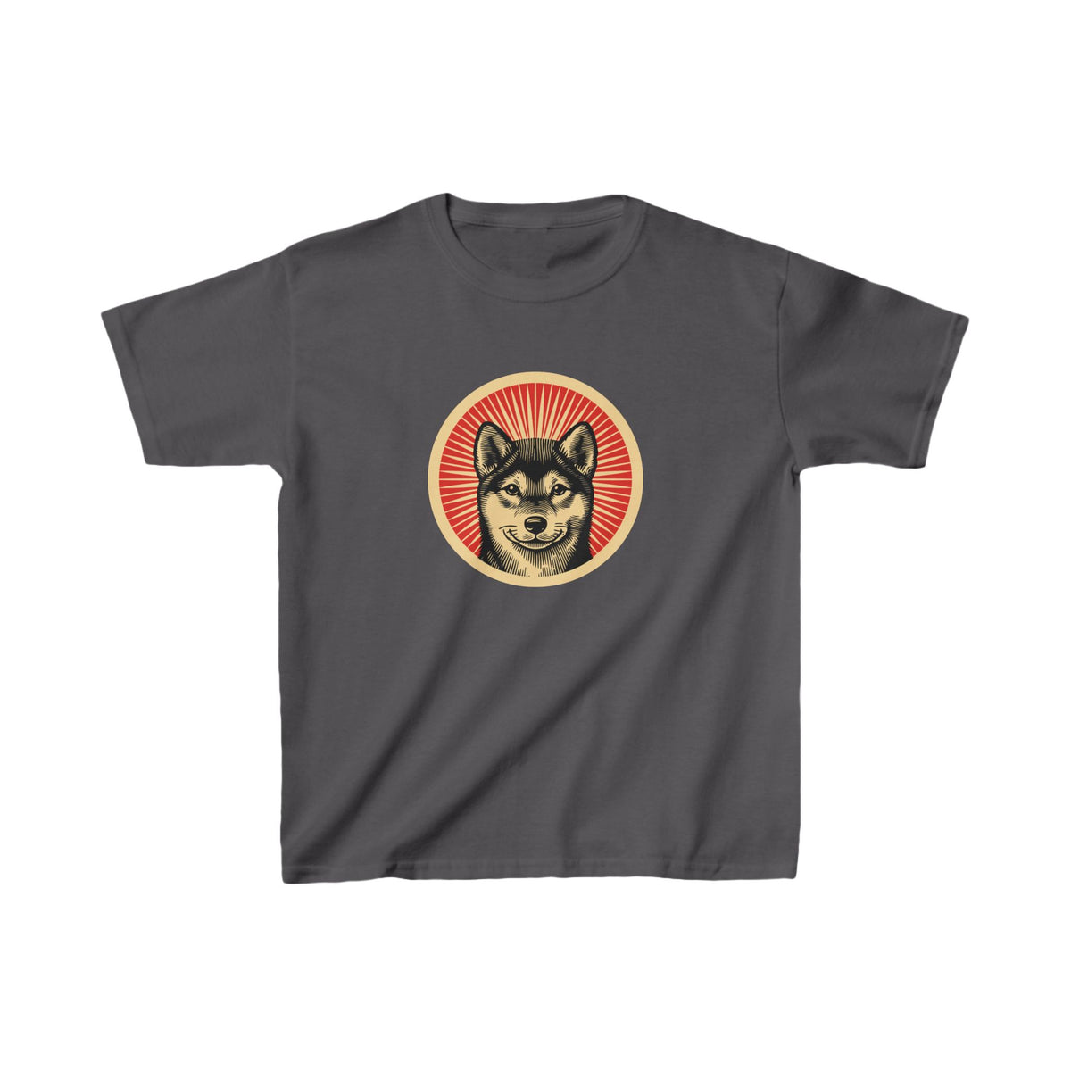 Shiba Inu badge art in a ring of red rays on a kids' tee