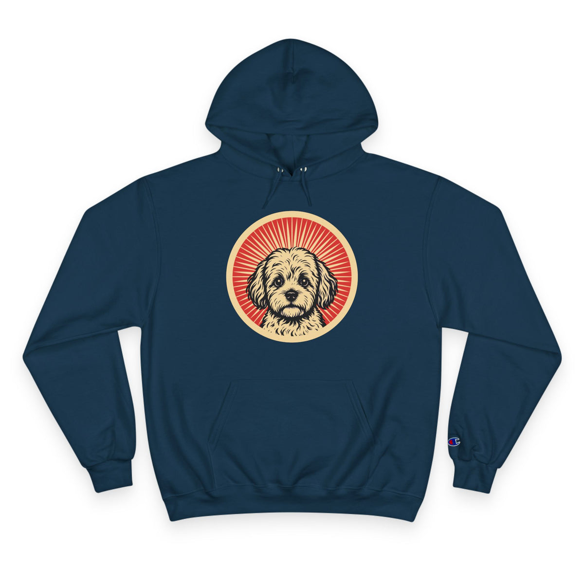 Maltipoo badge art in a ring of red rays on a champion hoodie