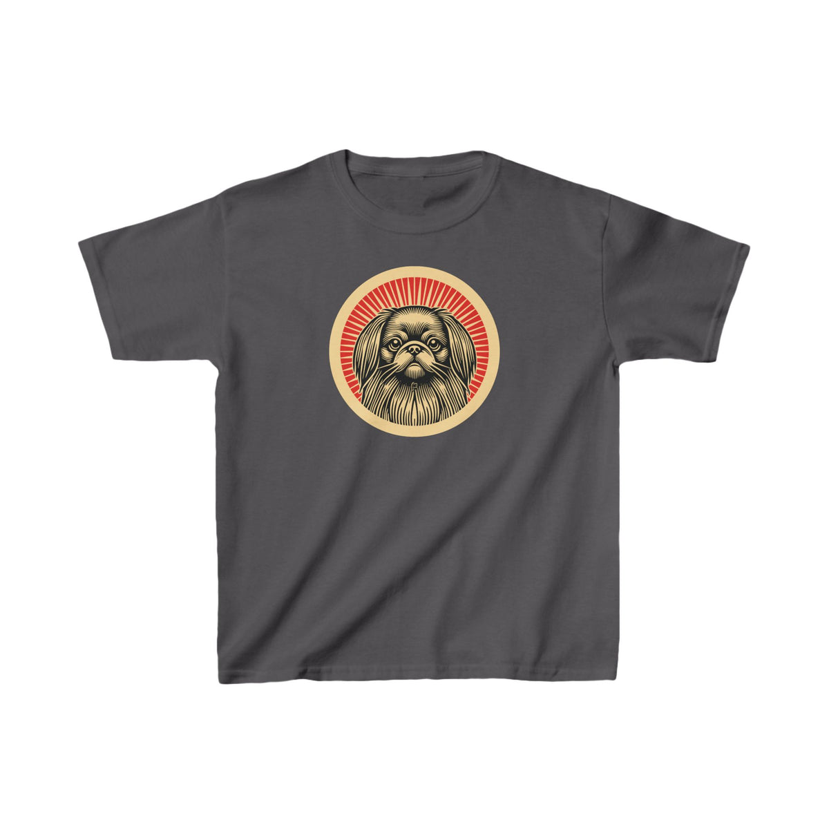 Pekingese badge art in a ring of red rays on a kids' tee
