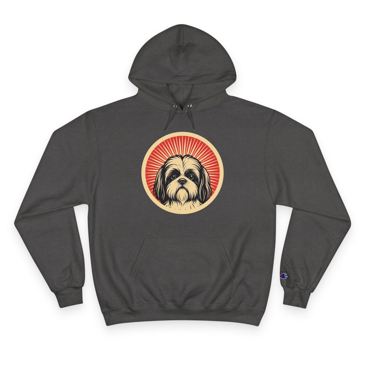 Shih Tzu badge art in a ring of red rays on a champion hoodie