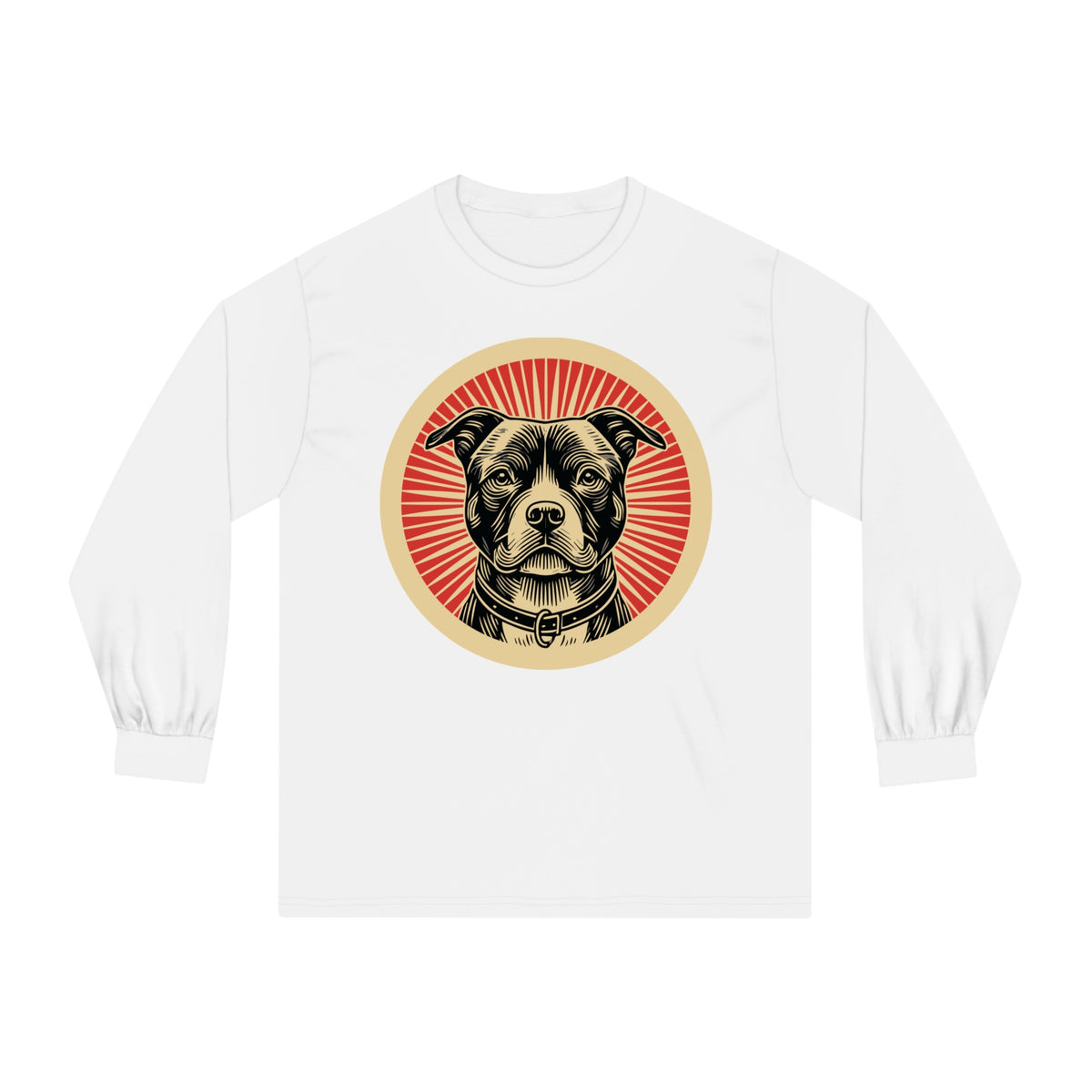 American Staffordshire Terrier badge art in a ring of red rays on a long-sleeve tee