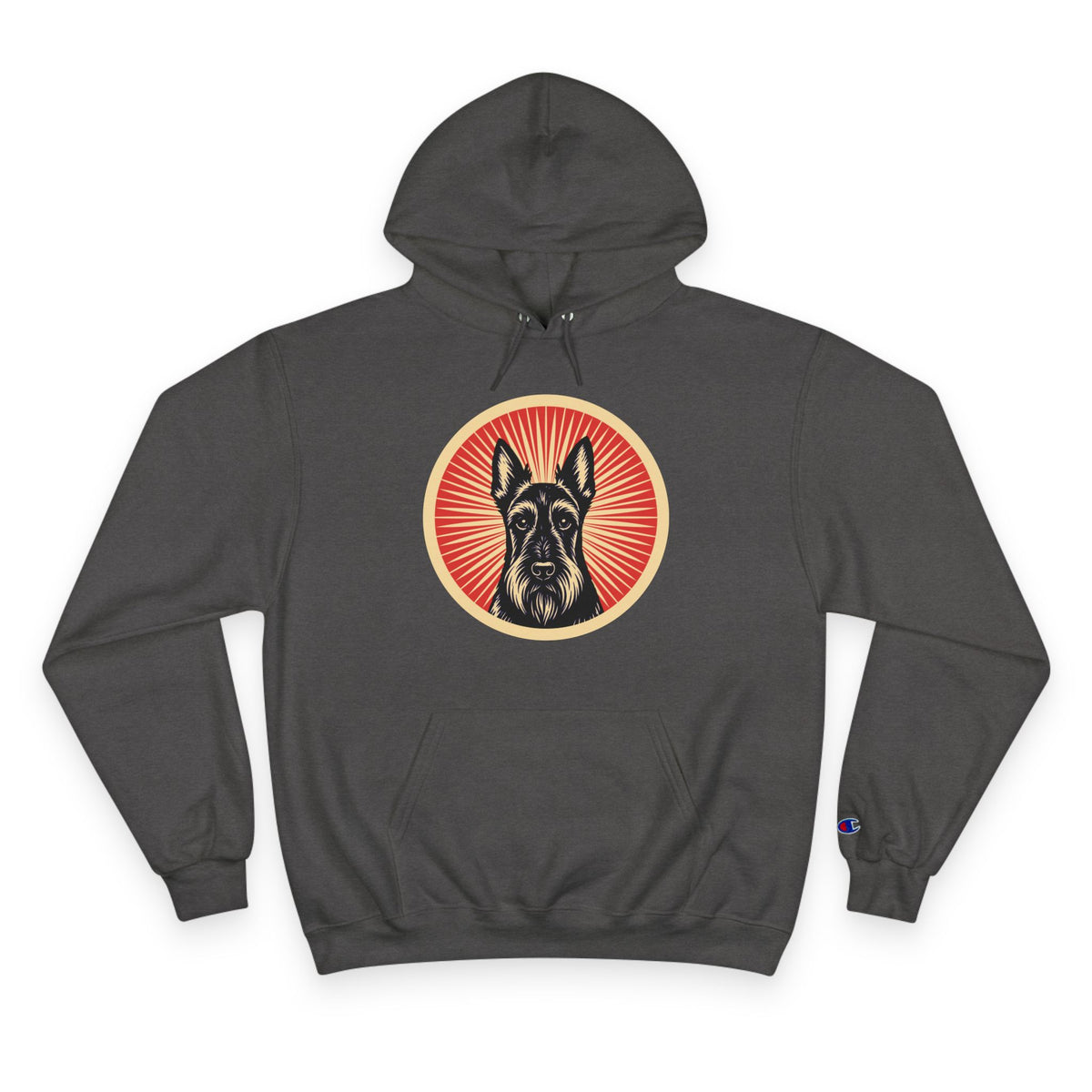 Scottish Terrier badge art in a ring of red rays on a champion hoodie