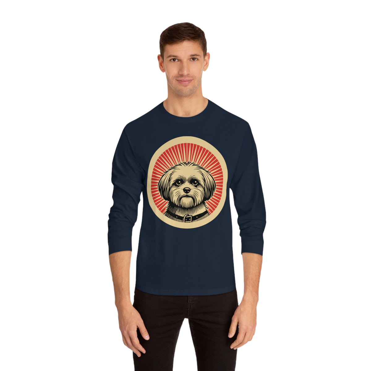 Shihpoo badge art in a ring of red rays on a long-sleeve tee