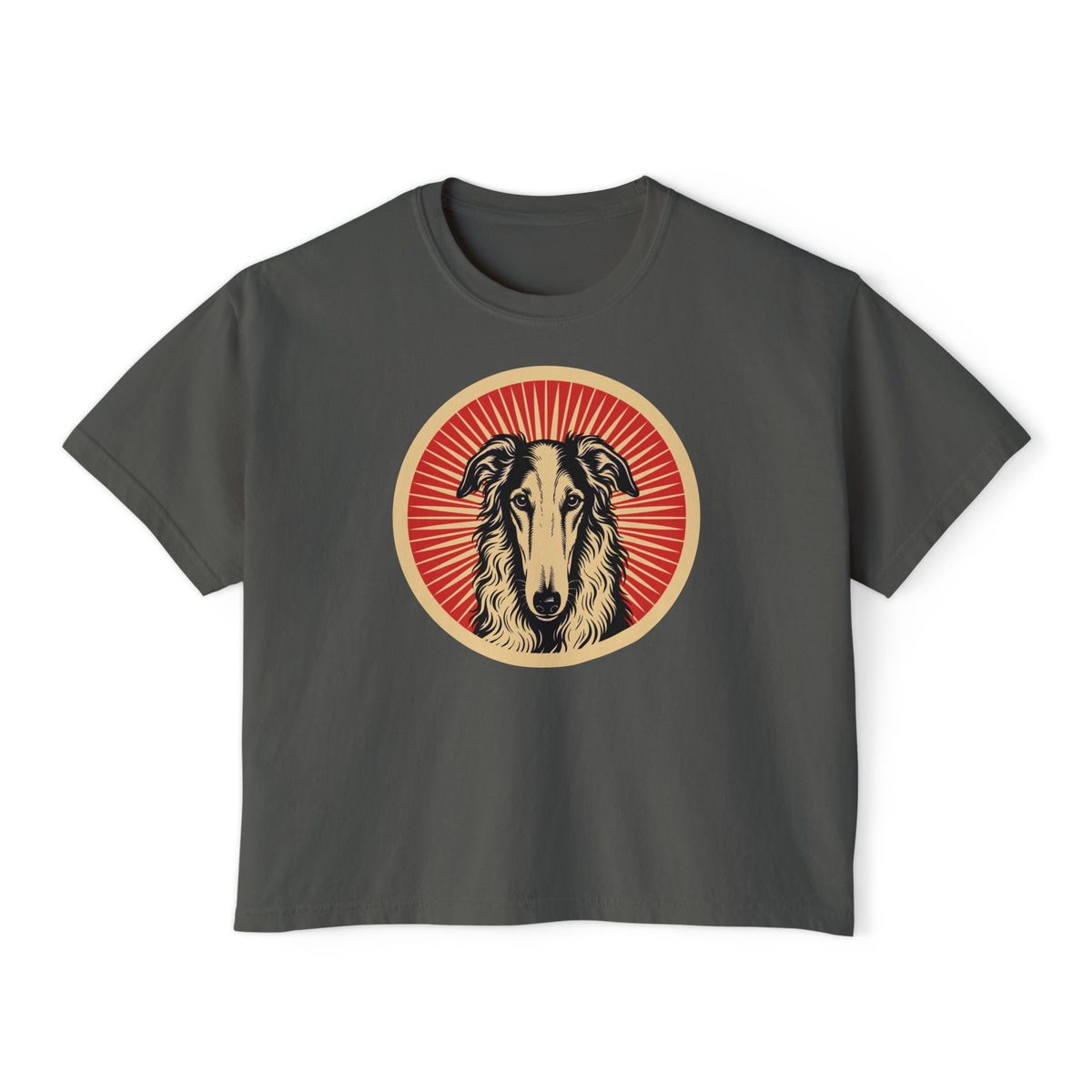 Borzoi badge art in a ring of red rays on a boxy tee