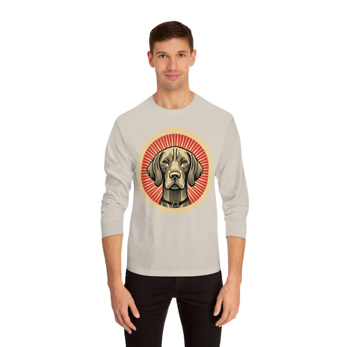 Vizsla badge art in a ring of red rays on a long-sleeve tee