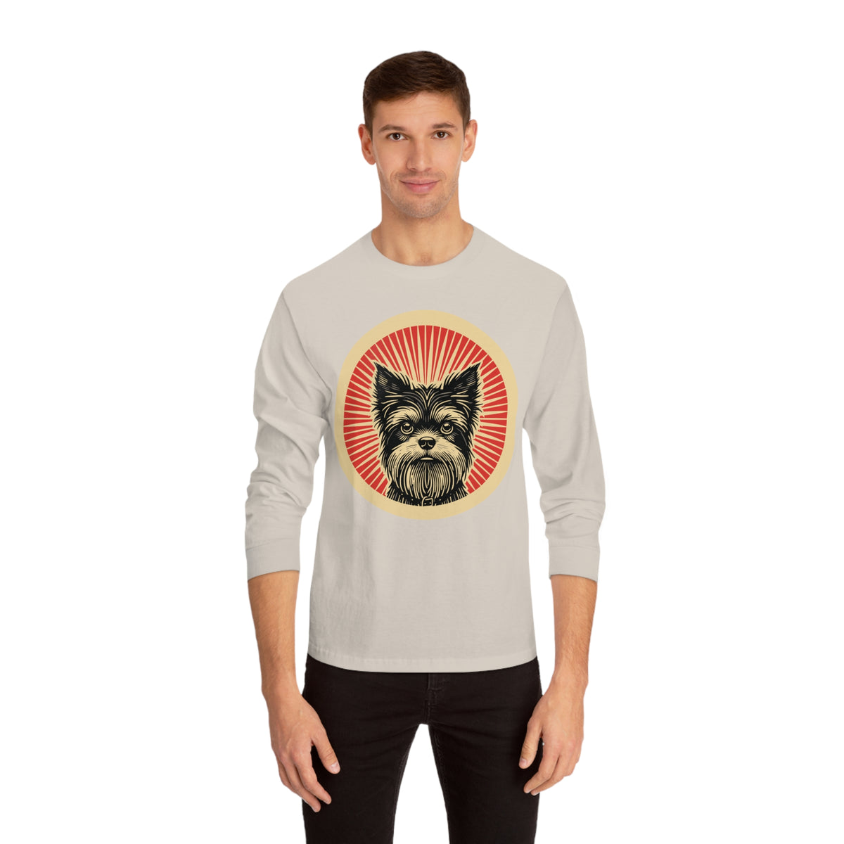 Affenpinscher badge art in a ring of red rays on a long-sleeve tee