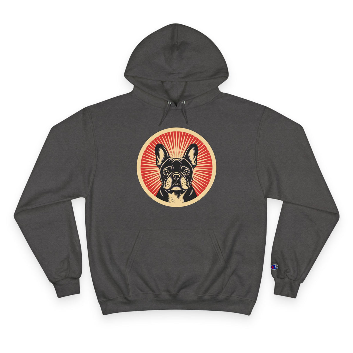 French Bulldog badge art in a ring of red rays on a champion hoodie