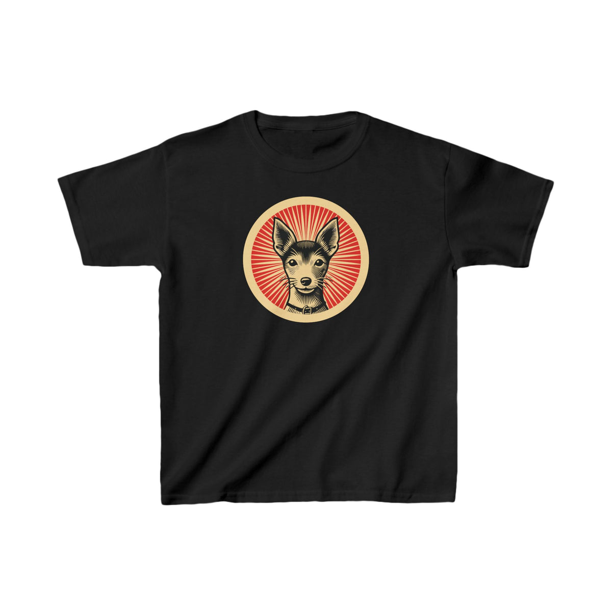 Toy Fox Terrier badge art in a ring of red rays on a kids' tee