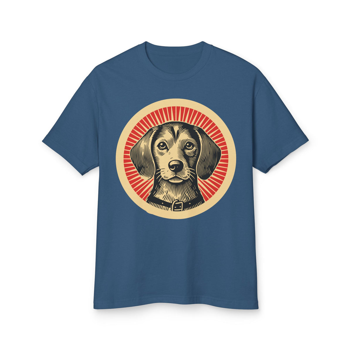 Beaglier badge art in a ring of red rays on a heavyweight tee