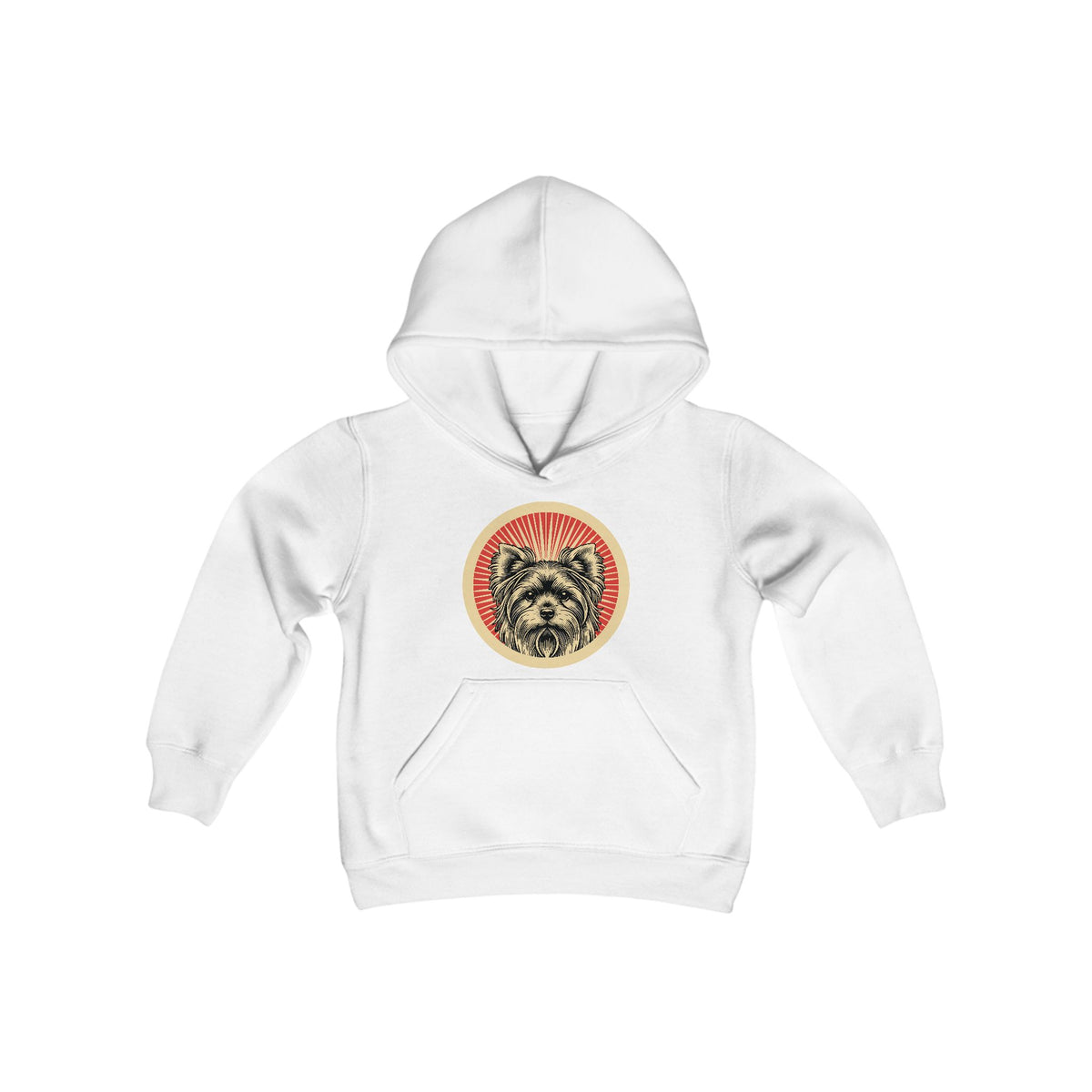 Yorkshire Terrier badge art in a ring of red rays on a kids' hoodie