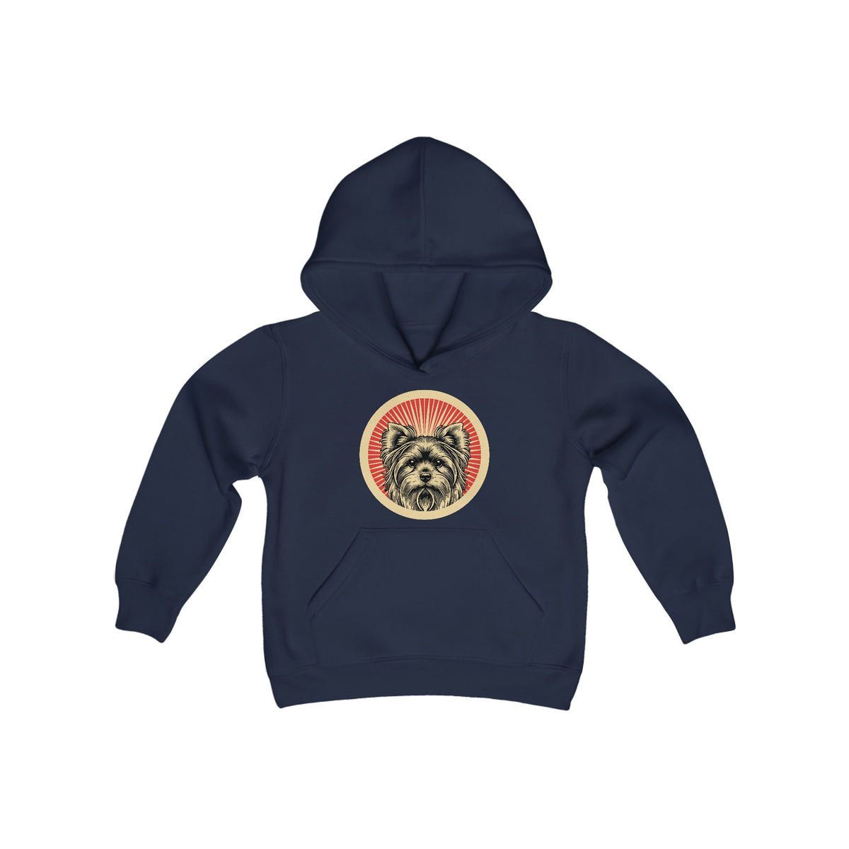 Yorkshire Terrier badge art in a ring of red rays on a kids' hoodie