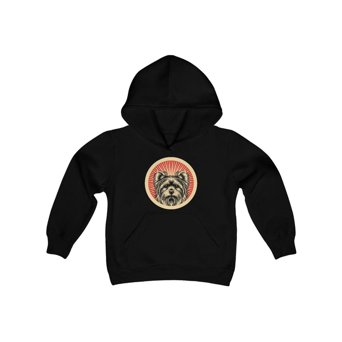 Yorkshire Terrier badge art in a ring of red rays on a kids' hoodie