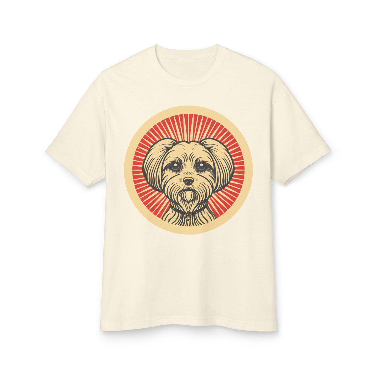 Maltese badge art in a ring of red rays on a heavyweight tee
