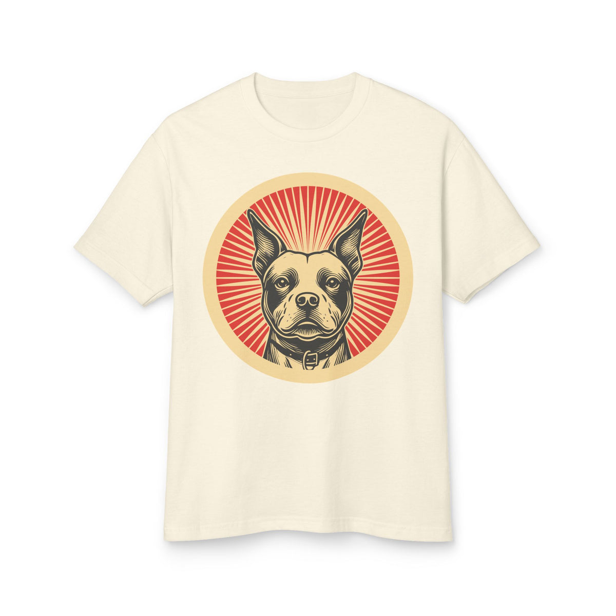 Staffordshire Bull Terrier badge art in a ring of red rays on a heavyweight tee