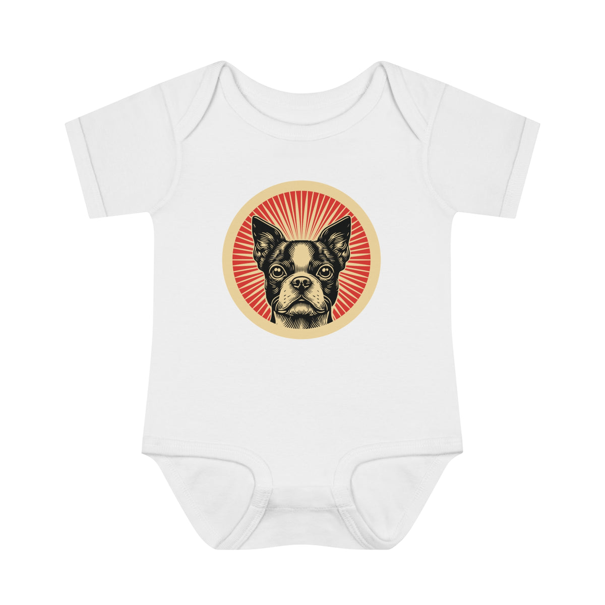 Boston Terrier badge art in a ring of red rays on a baby bodysuit