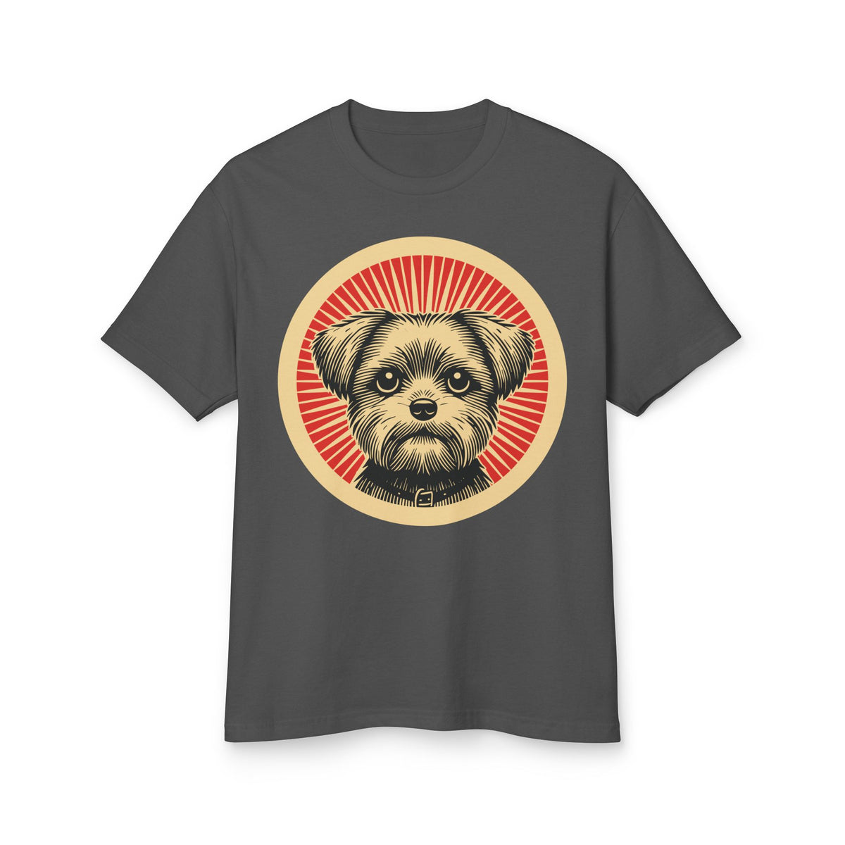 Shorkie badge art in a ring of red rays on a heavyweight tee