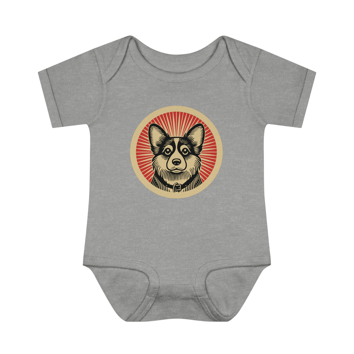 Corgipoo badge art in a ring of red rays on a baby bodysuit