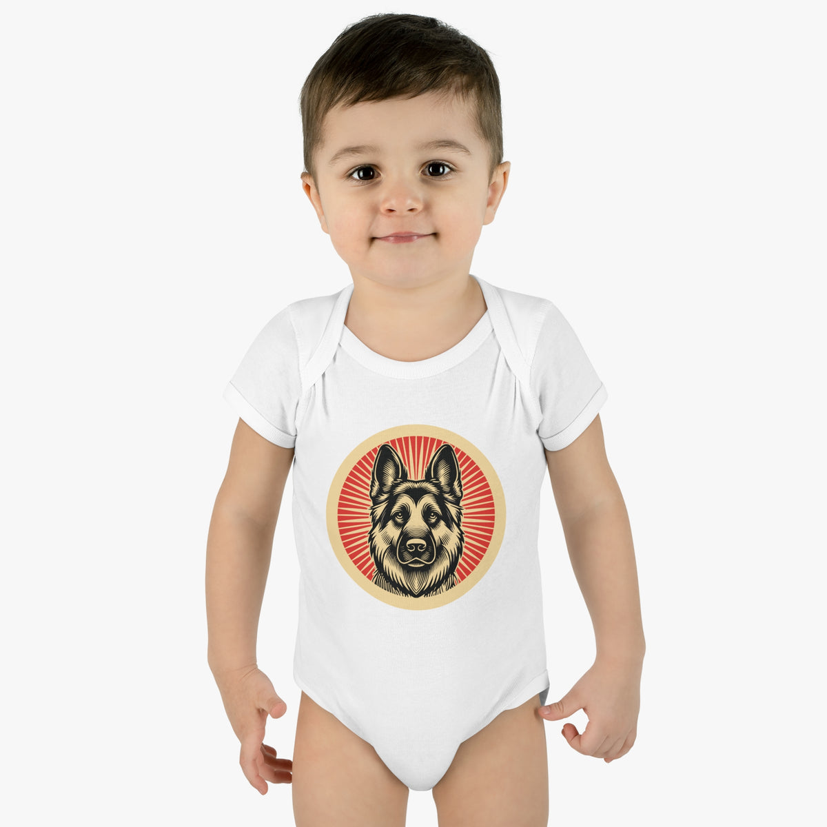 German Shepherd badge art in a ring of red rays on a baby bodysuit