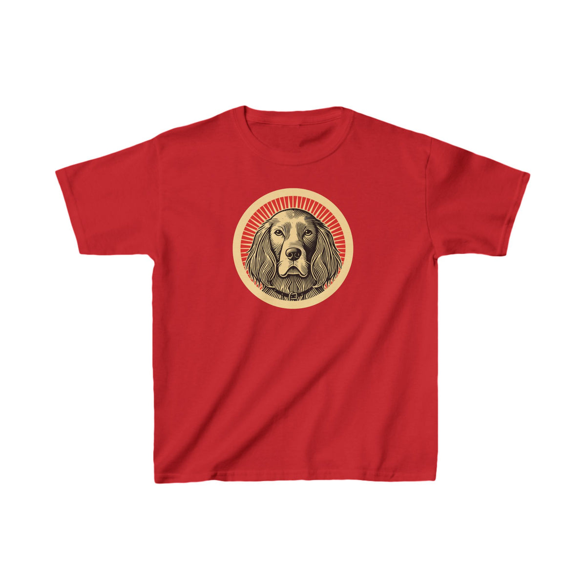 English Setter badge art in a ring of red rays on a kids' tee