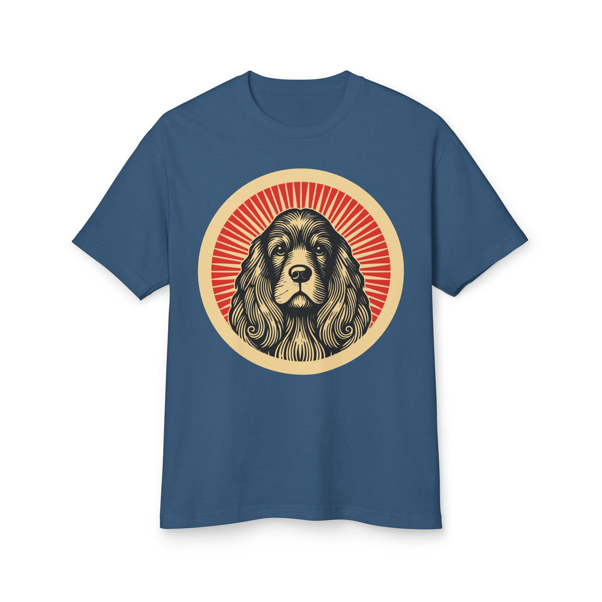 American Cocker Spaniel badge art in a ring of red rays on a heavyweight tee