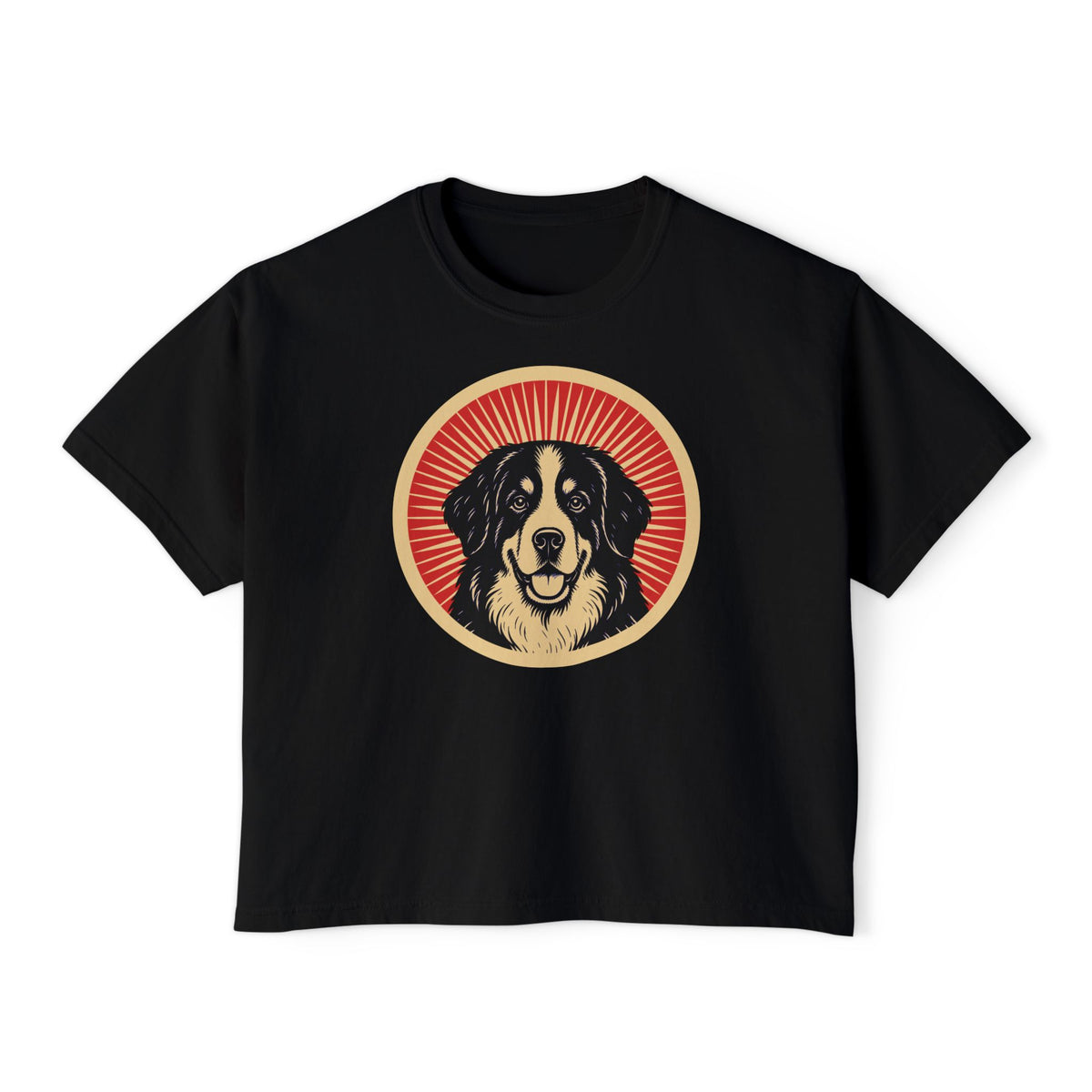 Bernese Mountain Dog badge art in a ring of red rays on a boxy tee