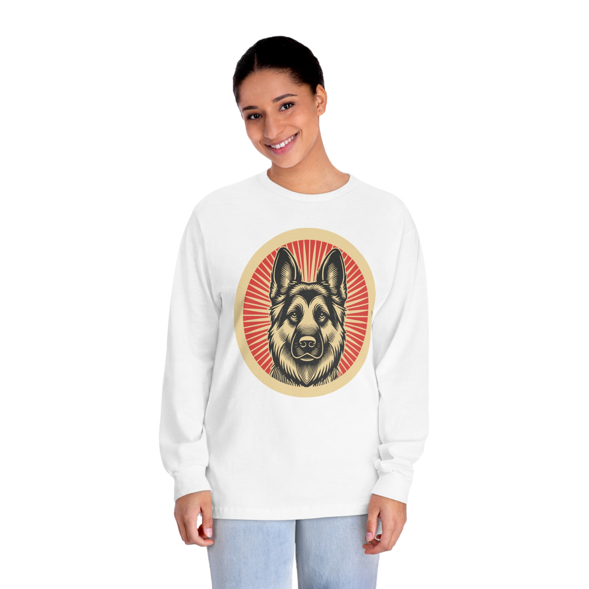 German Shepherd badge art in a ring of red rays on a long-sleeve tee